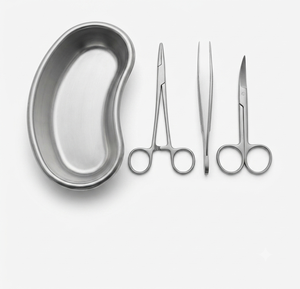 Juego de 4 Piezas de Instrumentos Quirúrgicos Menores Manuales de Acero Inoxidable: Bandeja Renal, Portaagujas, Pinzas para Tejidos, Tijeras Curvas para Iris, Autoclavables, CE ISO - Product Image 1