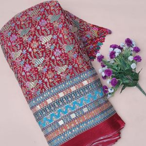 Tissu en crêpe brodé floral rouge vif, résistant aux taches, 54 pouces, pour confection de Kurtis, tuniques et robes Anarkali de créateur - Product Image 3