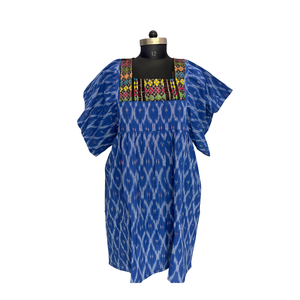 Vestido Mini Azul de Algodón Ikat para Mujer, con Bordado en el Pecho, Mangas con Volantes, Corte Holgado, Informal, para Uso Diario de Verano - Product Image 1