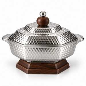 <b>Food</b> grade stainless steel <b>container</b> Mirror polish stainless steel hotpot with wooden base Round <b>Food</b> <b>warmer</b> - Product Image 2