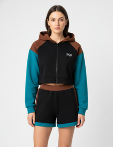 Premium Women's 450 GSM Cotton Fleece Cropped Zip Hoodie & Shorts Set with SQS Logo - Product Image 1
