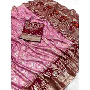Party Wear Muselina Seda Zari Trabajo Sari con blusa sin costuras Rani - Product Image 1