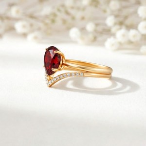 Pear Cut <b>Garnet</b> Engagement <b>Ring</b> V Chevron Band Natural Red Gemstone <b>Ring</b> 925 Sterling <b>Silver</b> 18K Gold Filled Promise Jewelry - Product Image 5
