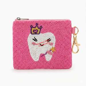 <b>Pink</b> Beaded Yin Yang Coin <b>Purse</b> with Zipper and Keychain Hook Handmade Mini Wallet for Fashion Accessories - Product Image 5