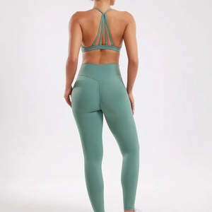 Ensemble de yoga pour femme vert uni, soutien-gorge de sport et leggings taille haute, 2 pièces, sans couture, respirant, tenue de sport complète - Product Image 2