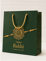 Sac cadeau en papier blanc écologique Happy Rakhi, design classique doré, fait main, à soufflets, fond carré, laminé micro-ondable