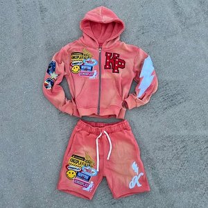 <b>Mens</b> Custom Two Piece Terry Sun Faded Wash Cotton Applique Embroidery <b>Patch</b> Track <b>Short</b> Set Zip Up Hoodie Autumn Outfit - Product Image 5