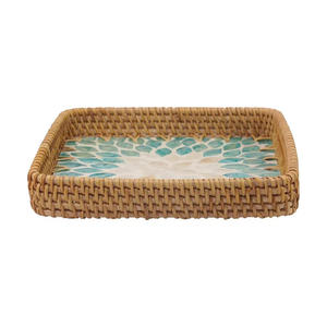 Plateau de service carré en rotin de qualité supérieure avec incrustation de nacre bleue, tressé à la main, plateau décoratif artistique naturel OEM ODM - Product Image 5