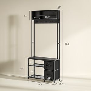 Panca da ingresso 5-in-1 con appendiabiti, 3 ripiani, 2 cassetti e contenitore per scarpe, nera - Product Image 3
