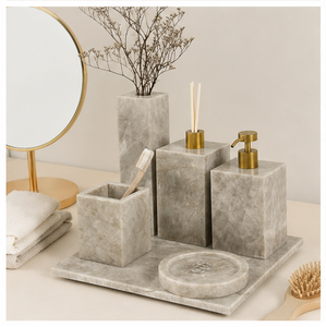 Luxury Grey Marble Bathroom Accessories Set Handcrafted Modern Organizer with Liquid <b>Soap</b> Dispenser Tray and Toothbrush <b>Holder</b> - Product Image 6