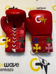Nuevos Guantes de Boxeo de Cuero Premium No Boxing No Life, Guantes de Entrenamiento y Sparring Duraderos de Alta Calidad, Golden Wave con Múltiples Cruces - Product Image 1