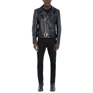 <b>Men's</b> Genuine <b>Leather</b> Moto <b>Jacket</b> With Zipper Closure And Belted Waist Slim Fit Black Turn-down Collar Regular Sleeve - Product Image 6
