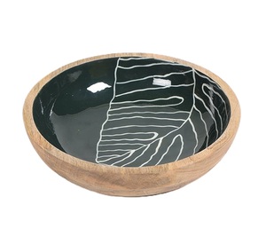 Bol à salade en bois imprimé émail de qualité supérieure avec ustensiles assortis |   Vaisselle artisanale écologique pour servir des salades et des fruits - Product Image 2