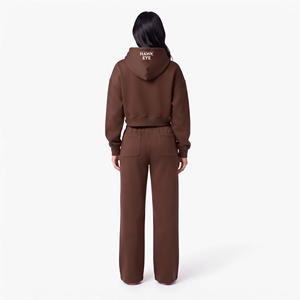 Conjunto de Sudadera Corta Marrón y Pantalones Deportivos Anchos para Mujer, Algodón Felpa, Impresión de Logotipo Personalizado, Fabricación al Por Mayor - Product Image 3
