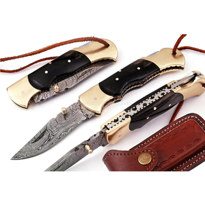 Navaja de bolsillo plegable multifunción de acero de Damasco, hecha a medida, pequeña, con mango de cuerno de toro - Product Image 3