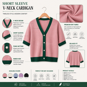 Cosh International Sorority Sisterhood Acrylic Pink Green Contrast Knitted <b>Cardigan</b> V-Neck <b>Short</b> <b>Sleeve</b> Casual Button Front - Product Image 6