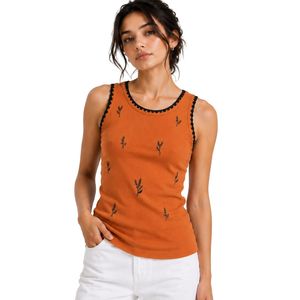 Camiseta sin mangas acanalada para mujer, color naranja quemado y negro, bordada, informal, de verano, ajustada, de algodón elástico, personalizada, OEM. - Product Image 1