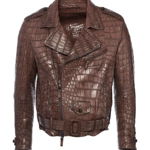 Chaqueta de Motociclista para Hombre, de Cuero Genuino con Grabado de Cocodrilo Marrón, Cuello Camisero, Cierre de Cremallera, Cinturón, Corte Ajustado, para Invierno - Product Image 1