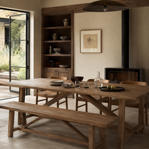 Ensemble de table à manger rustique en olivier récupéré, table à manger en bois massif avec banc, meubles de cuisine Wabi Sabi - Product Image 6