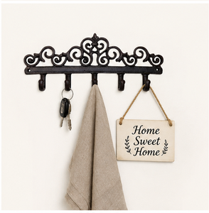Heavy Duty Cast Iron <b>Wall</b> Mounted <b>Key</b> Holder With 5 Hooks Vintage Ornate Scroll Design Decorative <b>Rack</b> <b>For</b> <b>Keys</b> Towels Organizer - Product Image 2