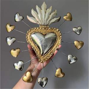 Gold Silver Sacred Heart <b>Wall</b> Art Radiating Heart Rays Metal Milagro Plaque Mexican Folk Art Home Decor - Product Image 1