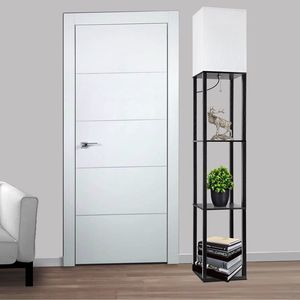 Lámpara de Pie Moderna de Madera con Estantes para Sala de Estar, Dormitorio u Oficina, Acabado Negro, Pantalla de Tela Dorada - Product Image 4