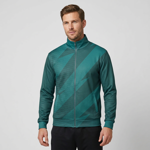 Unisex Green Geometric Pattern Long <b>Fleece</b> Jacket Front <b>Zipper</b> Closure Sporty Style Polyester Material Winter Wear - Product Image 3