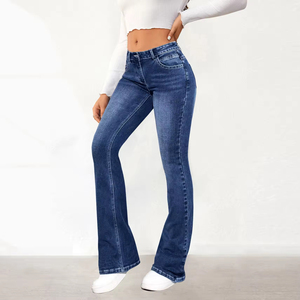 Women Dark Blue High Waist Flared Jeans Ripped <b>Bell</b> Bottom Denim Pants Stretchy Bootcut Trousers - Product Image 2
