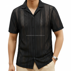 เสื้อเชิ้ตคิวบาชาย คอปก ลายทางสีดำ ผ้าตาข่าย ระบายอากาศดี รับผลิตตามแบบ OEM ขายส่ง - Product Image 4