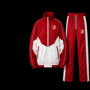 Survêtement Homme Rouge et Blanc Color Block à Capuche avec Cordon de Serrage, Style Streetwear Sportif, Vêtement d'Entraînement Respirant en Nylon, Coupe Ample, Idéal Été - Product Image 1