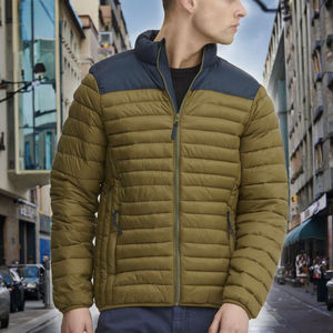 Men's Autumn Puffer <b>Jacket</b> Olive Green Navy Blue Solid Stand Collar Zipper Closure Windproof Hooded Breathable Casual Wear - Product Image 3