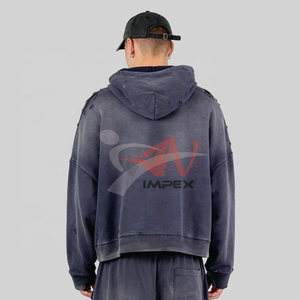 Hoodie vintage en molleton brossé surdimensionné et court avec design déchiré, logo personnalisé brodé ou imprimé, style streetwear pour homme - Product Image 2