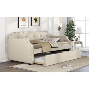 Divano Letto Singolo Beige Imbottito con Letto Estraibile e Struttura in Legno a Doghe - Product Image 4
