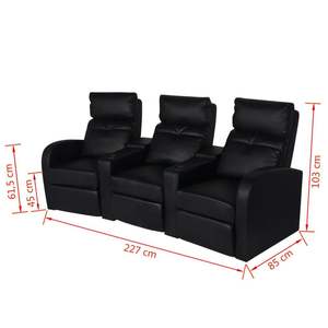 Reclinable de cuero artificial negro de 3 plazas - Product Image 6