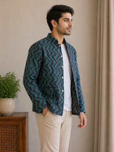 Veste pour homme en coton pur, entièrement imprimée à la main avec motifs géométriques en chevron, réversible, style ethnique. - Product Image 2