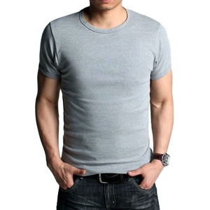 T-shirt décontracté pour homme en coton gris, coupe ajustée, manches courtes, col rond, tricot jersey uni - Product Image 5