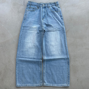 Jean en denim taille haute à jambe large pour homme, en coton délavé, coupe ample, style streetwear décontracté, écologique, tissé mi-lourd pour le printemps - Product Image 1