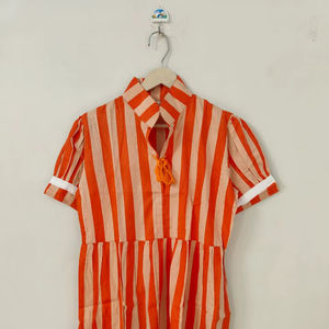 Robe en coton rayée orange pour femmes, manches courtes, col, robe d'été, robe bohème décontractée, mini robe - Product Image 1