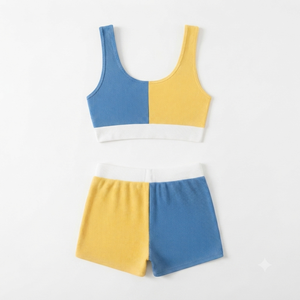 Ensemble de sport côtelé color block pour femme : soutien-gorge à dos nageur et short, col rond, maintien moyen, respirant, pour le fitness - Product Image 3