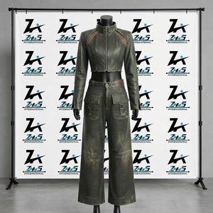 New Arrival Women Two Piece Green Outfit Stand Collar Crop Top Wide Leg <b>Cargo</b> <b>Pants</b> Gothic Streetwear <b>Leather</b> Tracksuit Set - Product Image 1