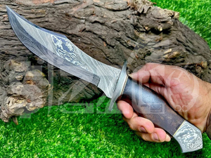 Couteau de chasse Bowie à lame fixe en acier Damas fait main, avec manche en bois exotique et étui en cuir, cadeau idéal - Product Image 4