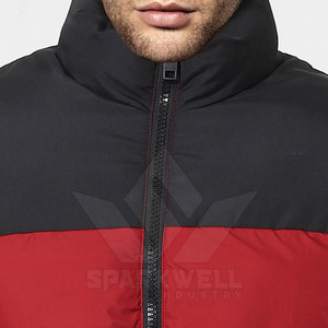 <b>Men's</b> Red Puffer <b>Jacket</b> Color Blocking Stand Collar Zipper Closure Windproof Winter Casual Wear Front Logo Quick Dry - Product Image 6