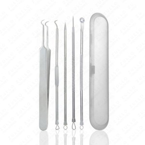 ชุดอุปกรณ์กำจัดสิวเสี้ยนและสิวอักเสบสแตนเลส 5 ชิ้น พร้อมโลโก้และดีไซน์ตามสั่ง ชุดเครื่องมือทำความสะอาดรูขุมขนระดับมืออาชีพ พร้อมกล่องเก็บ - Product Image 1