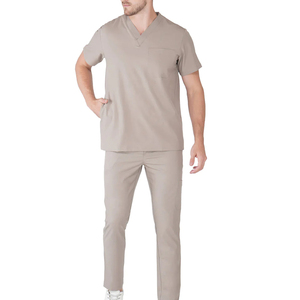 Ensemble de blouses médicales pour hommes, col en V, manches courtes, uniformes de travail hospitaliers, beige, coton et polyester, pantalon inclus - Product Image 4