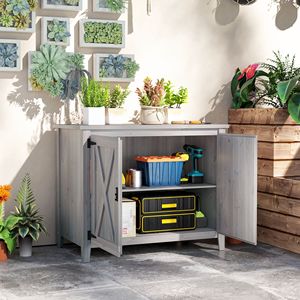 Armadio da Esterno in Legno Grigio Chiaro, Facile da Montare, Casetta da Giardino con Doppia Porta e Ripiano - Product Image 2