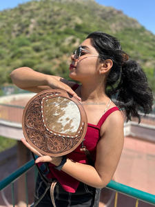 Hand Tooling Carving <b>Round</b> Handbag Stylish New Design Cowhide Fur <b>Sling</b> Bag Crossbody Shoulder Women's Bag - Product Image 4