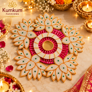 Support de bougie chauffe-plat Rangoli tendance à motifs floraux et perles, décoration de table pour mariage indien, Diwali, Pooja, cadeau festif, décoration d'intérieur, cadeau de remerciement - Product Image 1
