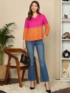 Camisa Casual de Rayón para Mujer, Estilo Ombre, Manga 3/4, Corte Holgado, Tie-Dye, Doble Tono, para Oficina y Uso Casual - Product Image 2