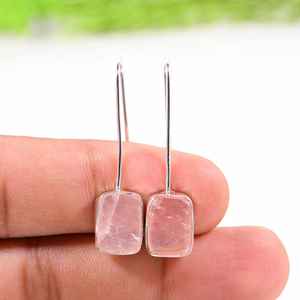 Boucles d'oreilles pendantes minimalistes en argent sterling avec quartz rose brut, bijoux en pierres précieuses naturelles - Product Image 2