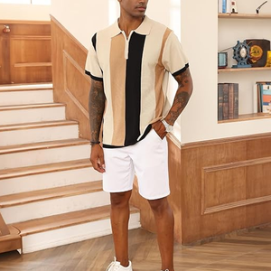<b>Men's</b> Knitted Short Sleeve Polo Shirt Color Blocked Striped Casual Zipper Design Regular Fit - Product Image 6